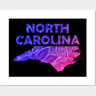 Colorful mandala art map of North Carolina with text in blue and violet Posters and Art